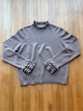 Boden Ruffle Mock Neck Sweater in Taupe with Ruffle Cuffs Cotton Cashmere Wool